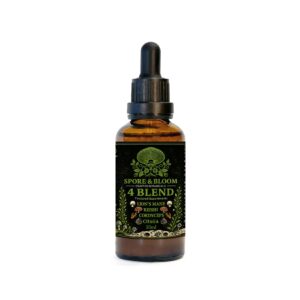 Spore & Bloom 4 Blend mushroom tincture, 50ml amber dropper bottle with Lion's Mane, Reishi, Cordyceps and Chaga