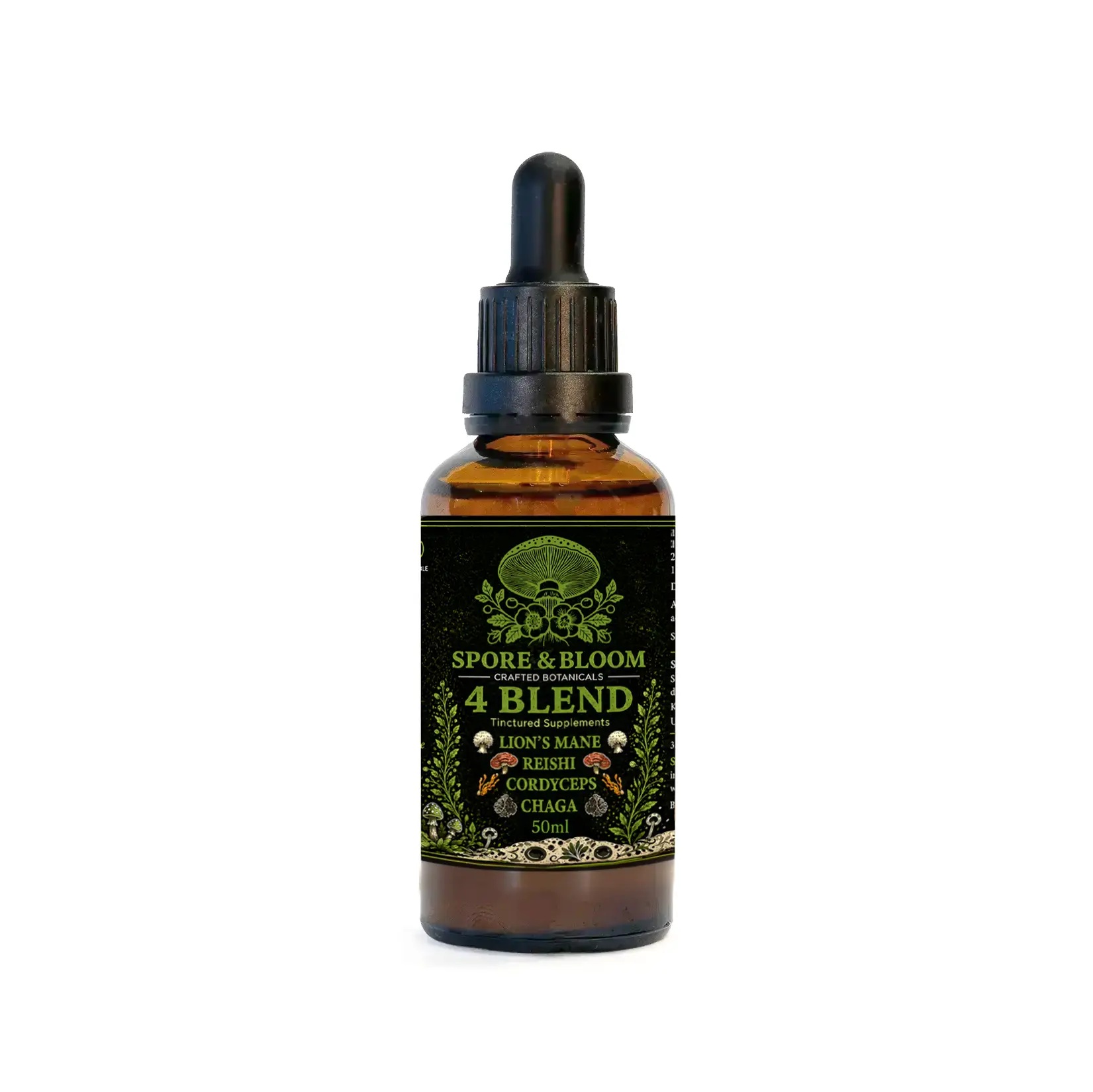 Spore & Bloom 4 Blend mushroom tincture, 50ml amber dropper bottle with Lion's Mane, Reishi, Cordyceps and Chaga