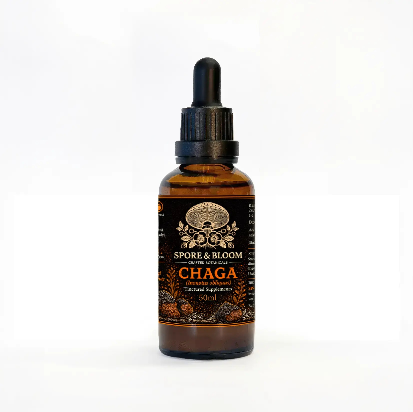 Spore & Bloom Chaga (Inonotus obliquus) mushroom tincture, 50ml amber dropper bottle with orange label