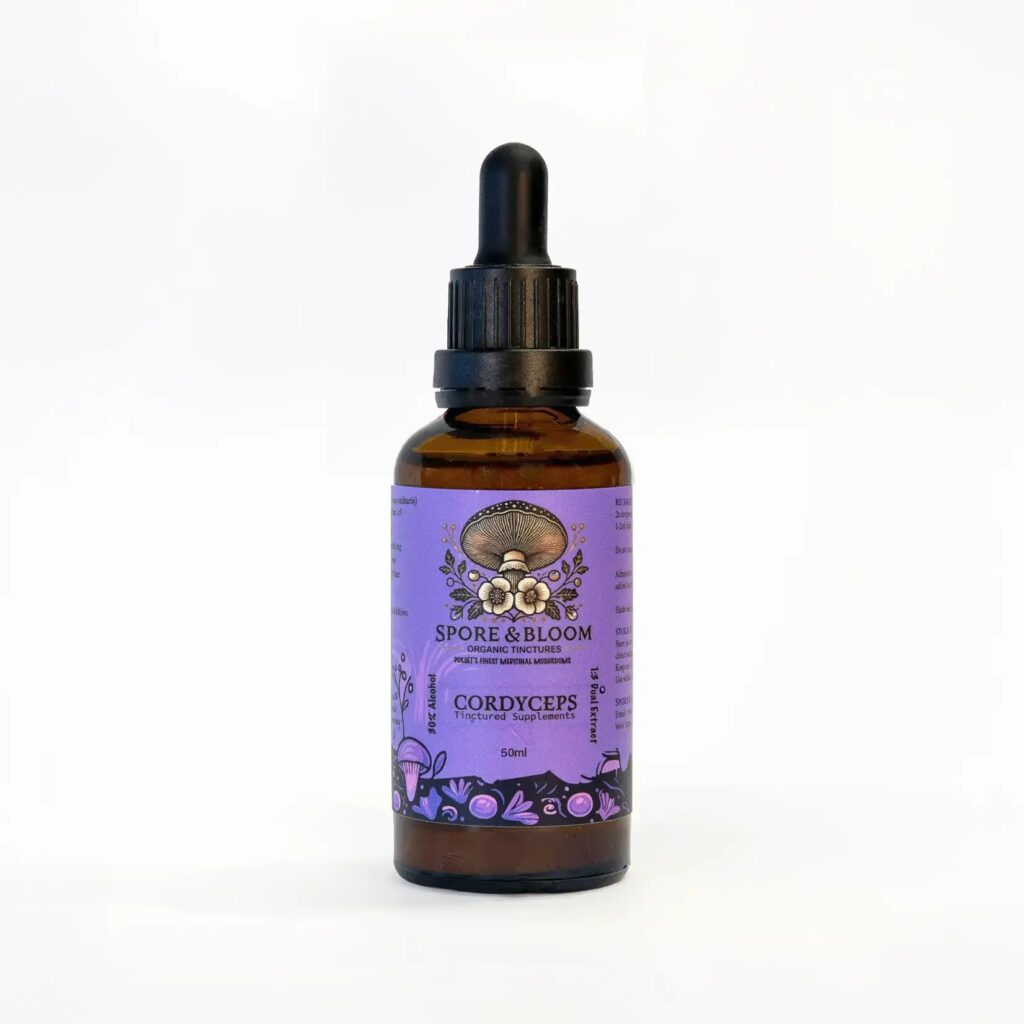 Spore & Bloom Cordyceps mushroom dual extract tincture, 50ml amber dropper bottle with purple label