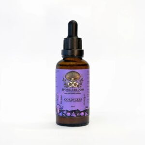 Spore & Bloom Cordyceps mushroom dual extract tincture, 50ml amber dropper bottle with purple label
