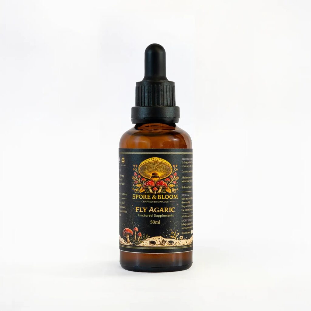 Spore & Bloom Fly Agaric tincture, 50ml amber dropper bottle with black and gold label