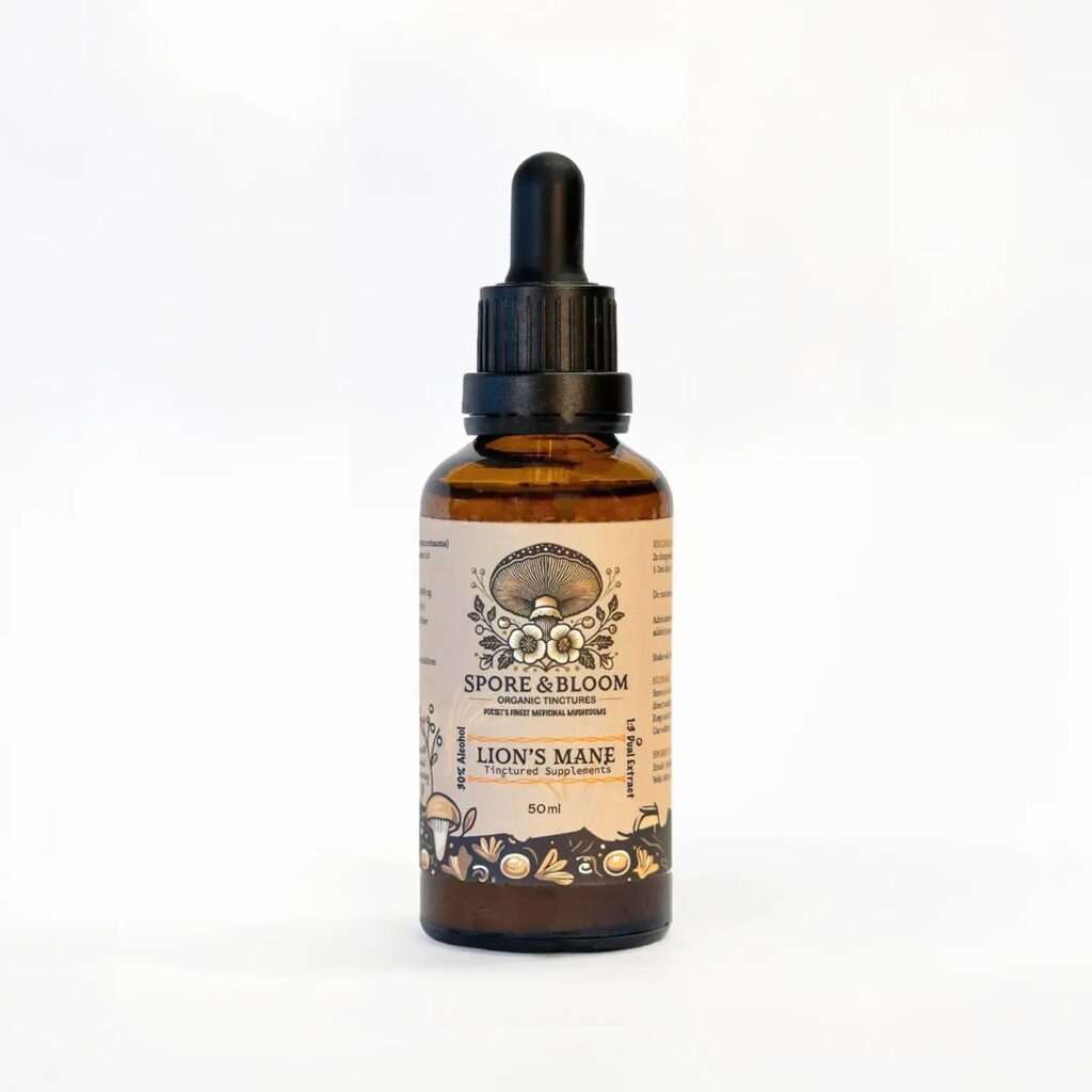 Spore & Bloom Lion's Mane mushroom dual extract tincture, 50ml amber dropper bottle with cream label