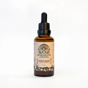 Spore & Bloom Lion's Mane mushroom dual extract tincture, 50ml amber dropper bottle with cream label