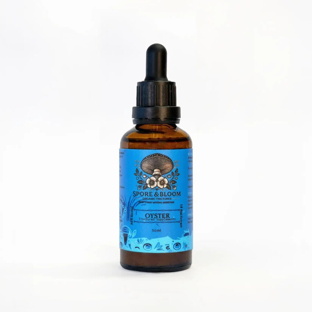 Spore & Bloom Oyster mushroom dual extract tincture, 50ml amber dropper bottle with blue label