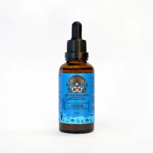 Spore & Bloom Oyster mushroom dual extract tincture, 50ml amber dropper bottle with blue label