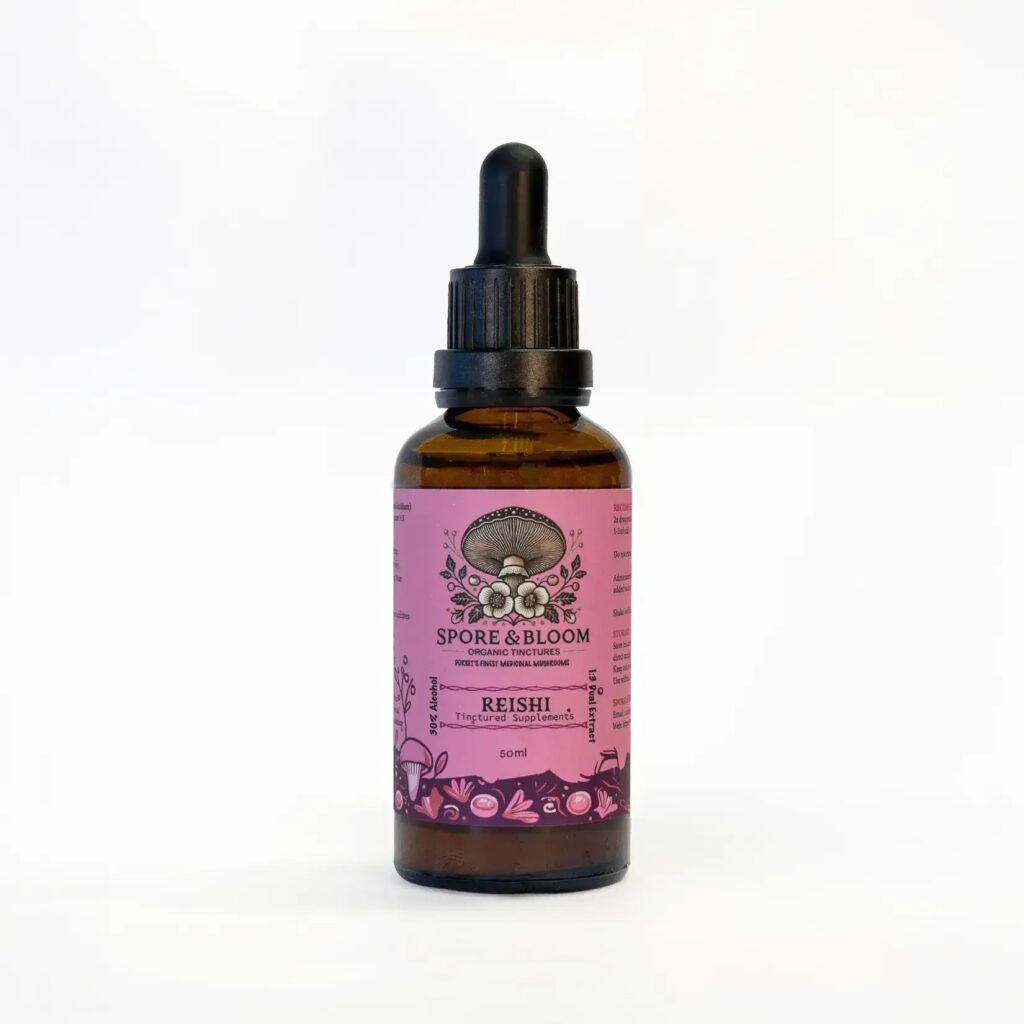 Spore & Bloom Reishi mushroom dual extract tincture, 50ml amber dropper bottle with pink label