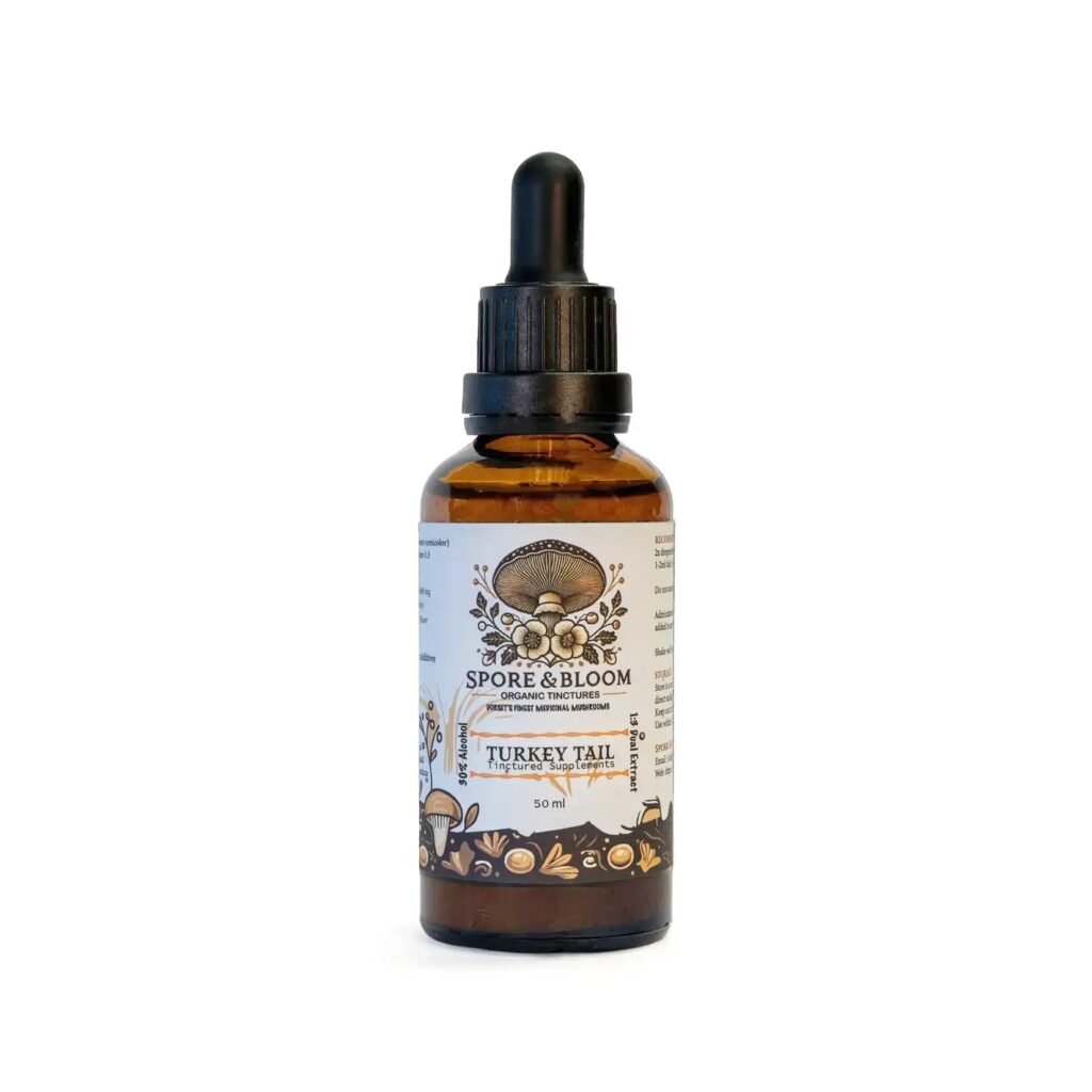 Spore & Bloom Turkey Tail mushroom dual extract tincture, 50ml amber dropper bottle with light label