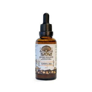 Spore & Bloom Turkey Tail mushroom dual extract tincture, 50ml amber dropper bottle with light label