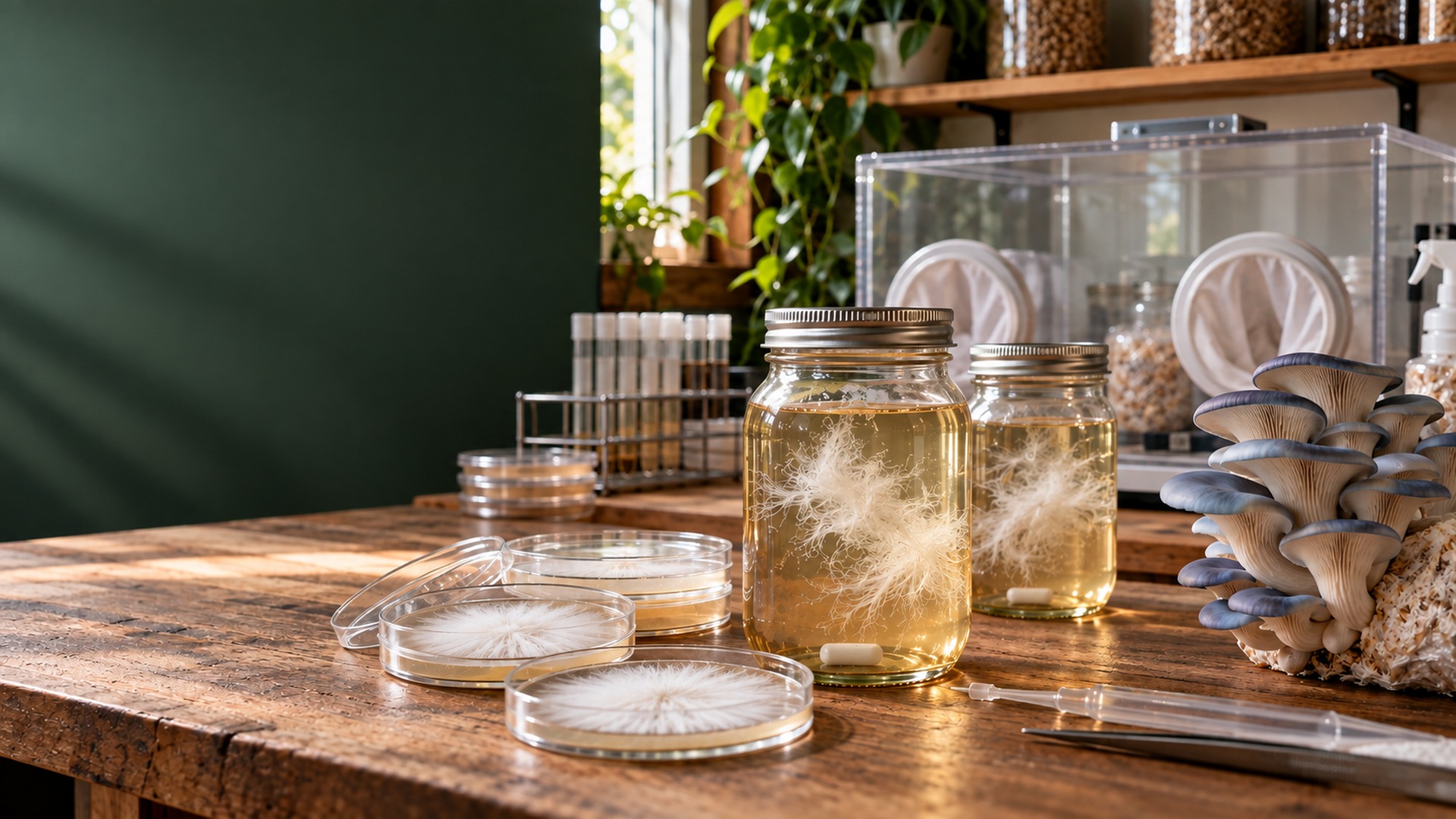 Liquid culture jars, agar plates and blue oyster mushrooms on a sunlit wooden workbench