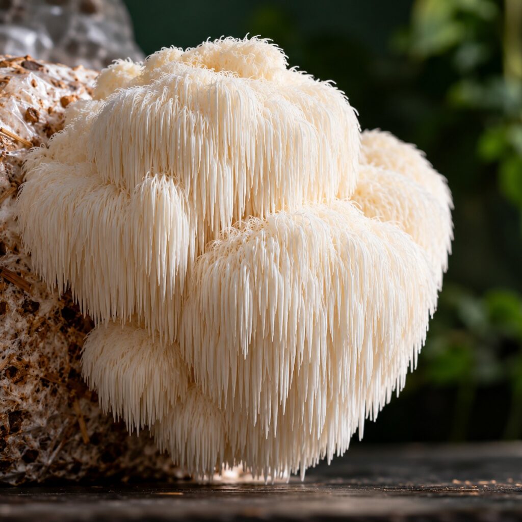 Large white lion's mane mushroom with cascading spines growing from a substrate block