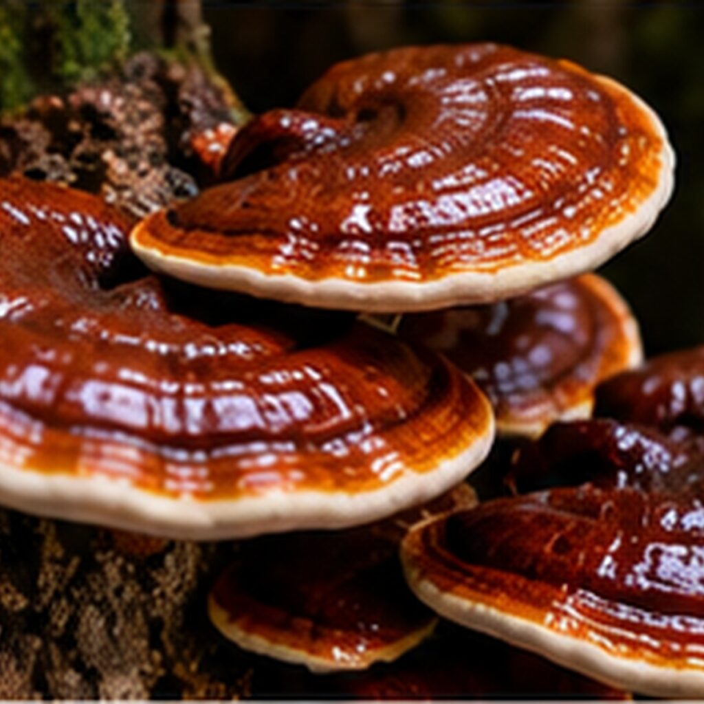 Glossy red-brown reishi mushrooms growing on a mossy log