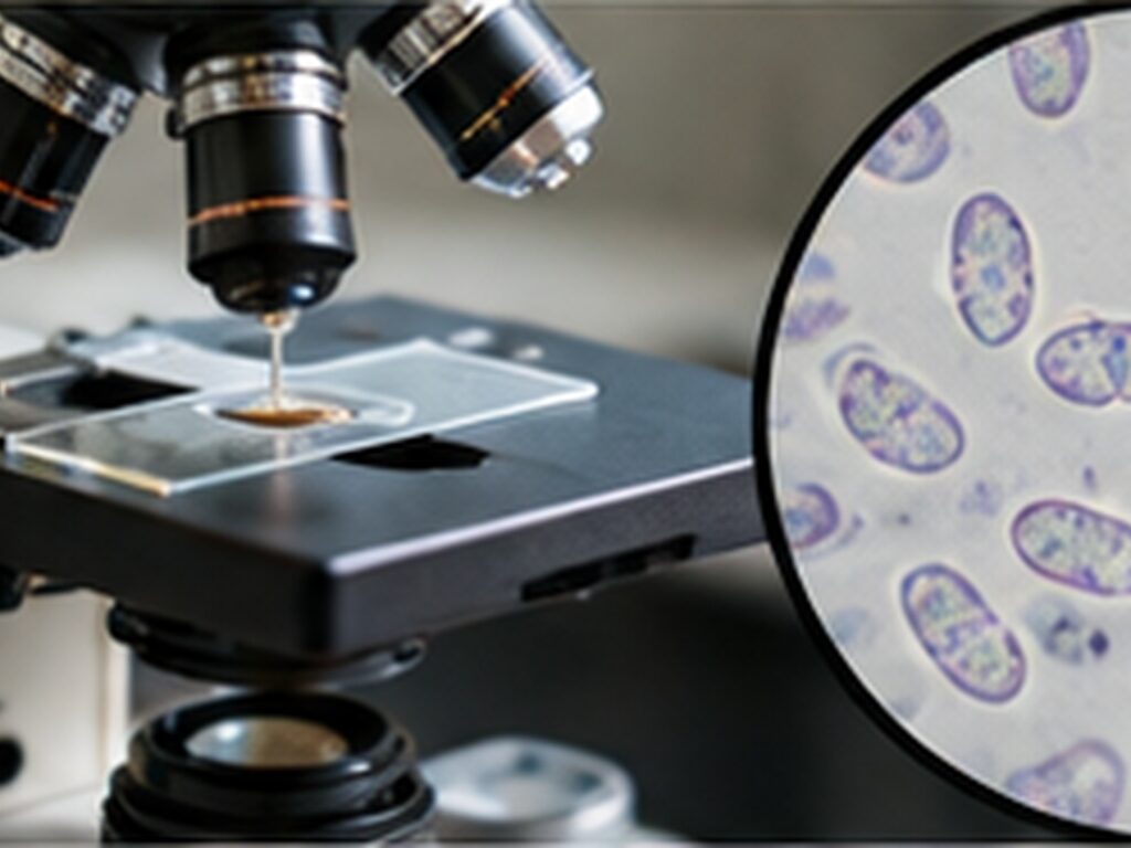Microscope objective lenses over a glass slide, with an inset of magnified spores