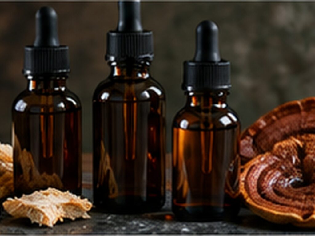 Three amber dropper bottles of mushroom tincture beside dried reishi and lion's mane