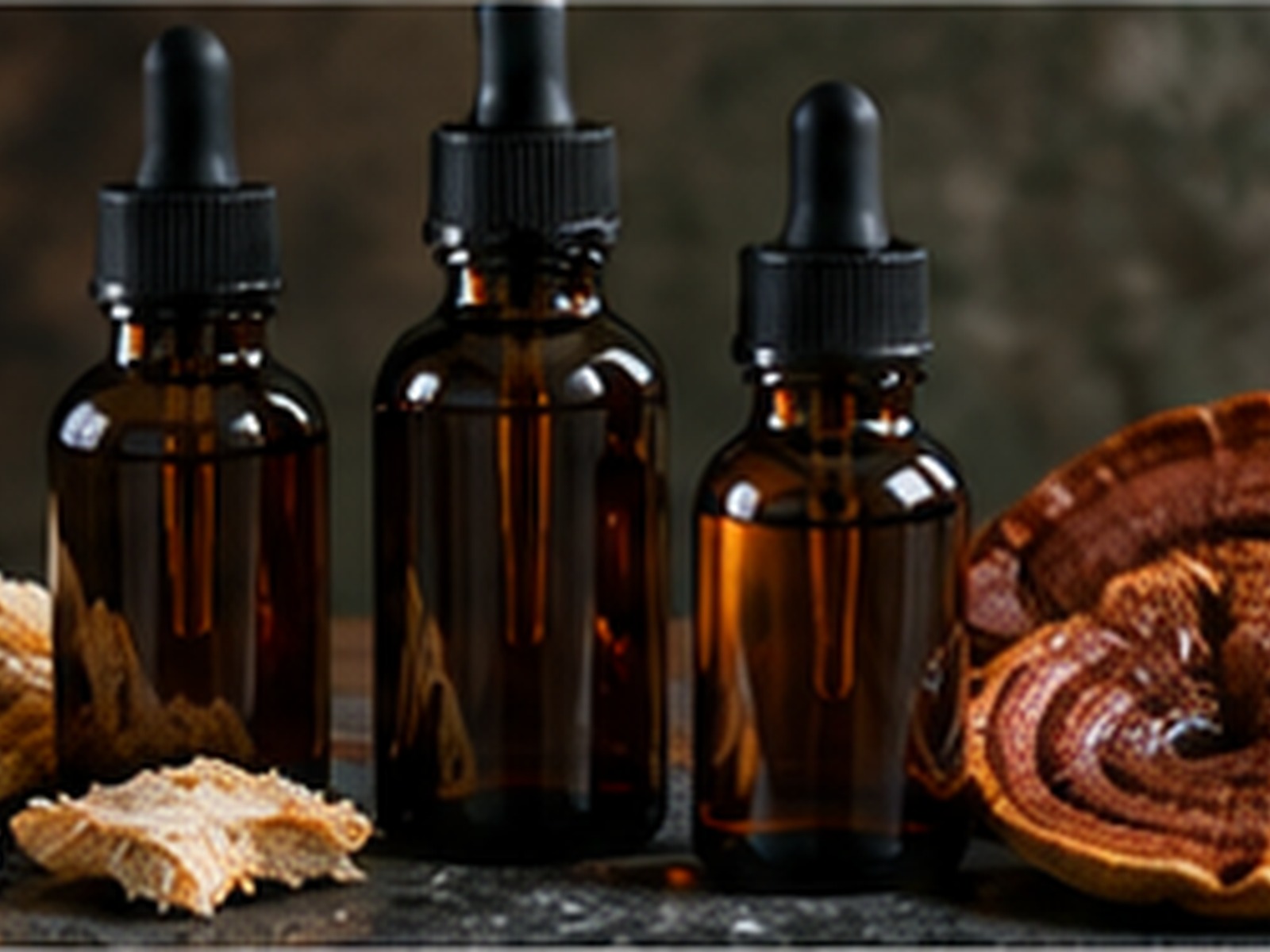 Three amber dropper bottles of mushroom tincture beside dried reishi and lion's mane