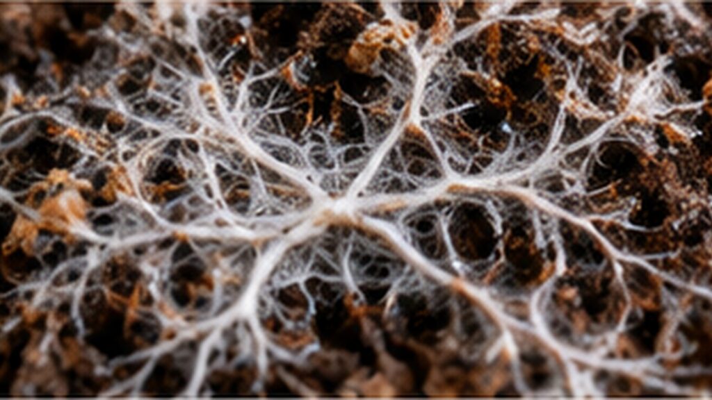 Close-up of white mycelium threads spreading through dark substrate