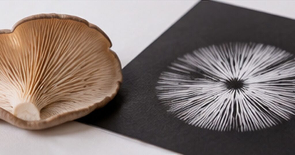 Oyster mushroom cap beside a white spore print on black paper